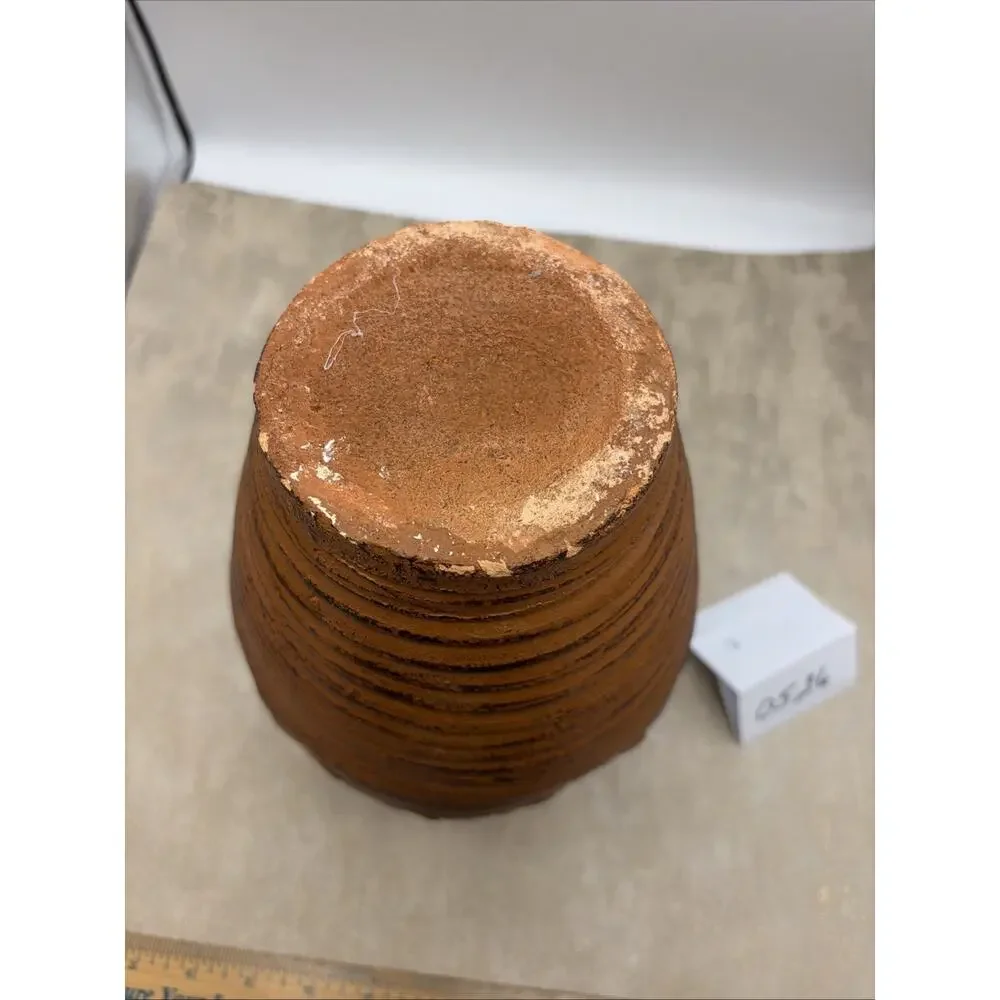 Vintage Hand Thrown Clay Vase With Wave Patterns And Rustic Brown Finish